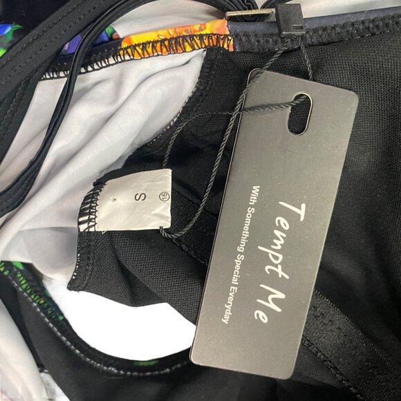 NWT Tempt Me S Black Floral Swimsuit Ruffle Top Molded Cup Tropical Print - Picture 8 of 12